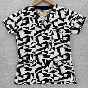 Sea Grape Scrub Top Womens Small Black White Geo Nursing Vet Medical Uniform